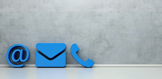 drei blaue Icons Mail-Symbol, Briefumschlag, Telefonhörer