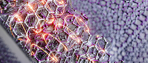 Illustration der Exzitonenspaltung in dem aus jeweils fünf Benzolringen bestehenden, organischen Halbleiter Pentacen. Anstelle der üblicherweise zwei freien Ladungsträger werden durch Absorption eines Photons in Pentacen vier freie Ladungsträger, repräsentiert durch orangefarbene Bahnen, erzeugt.