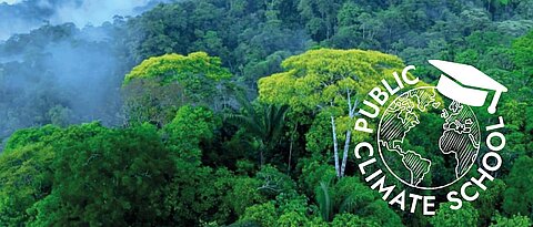 Symbolbild des Regenwaldes mit dem Logo der Public Climate School darüber