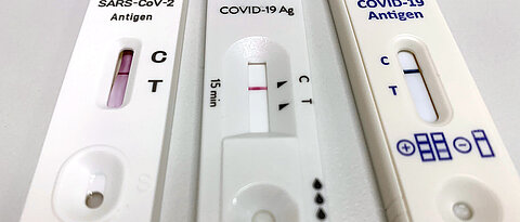 Die evaluierten SARS-CoV-2-Antigen-Schnelltests dreier Hersteller. Eine Bande bei C zeigt an, dass der Test technisch funktioniert hat und auswertbar ist. Eine Bande bei T zeigt ein positives Ergebnis, eine fehlende ein negatives.