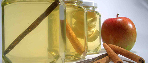 Honiggläser mit verschiedenen Zutaten: Vanille, Zimt, Apfel