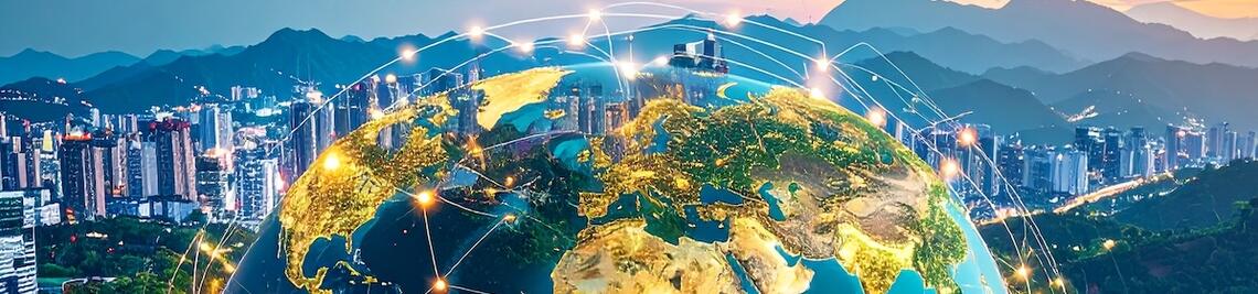 KI-generiertes Bild Weltkugel inmitten einer Großstadt mit leuchtendem Netz überspannt