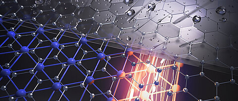 Schematische Darstellung, die die Schutzfunktion einer Graphen-Lage gegenüber Wasser zeigt. Der elektrische Stromfluss am Rand des topologischen Isolators Indenen bleibt von den Umgebungseinflüssen völlig unbeeindruckt. 